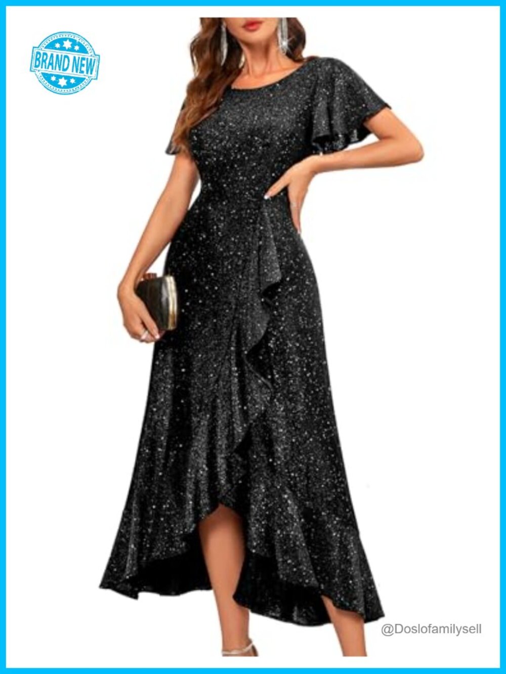 Sequin Formal High Low Ruffle Hem Flutter Sleeve Maxi Dress